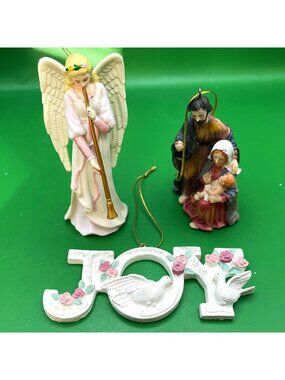 Vintage JOY Dove Angel Nativity Ornaments Set/3 Holiday Decor Christmas Classic